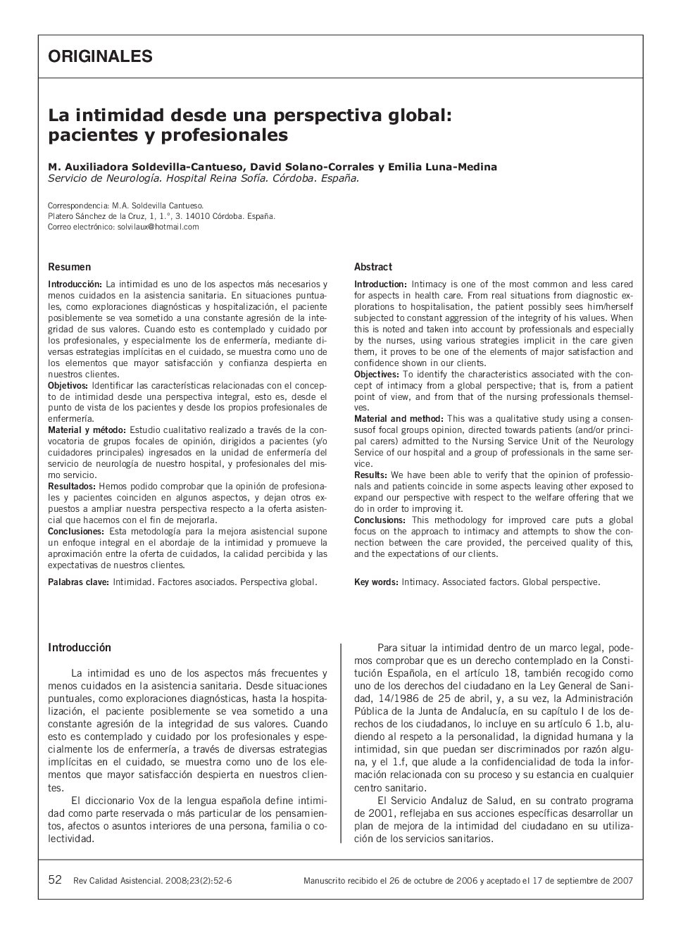 La intimidad desde una perspectiva global: pacientes y profesionales