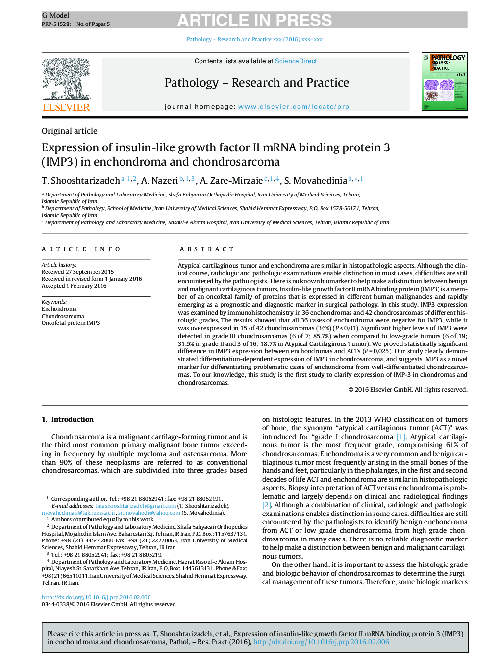 Expression of insulin-like growth factor ÐI mRNA binding protein 3 (IMP3) in enchondroma and chondrosarcoma