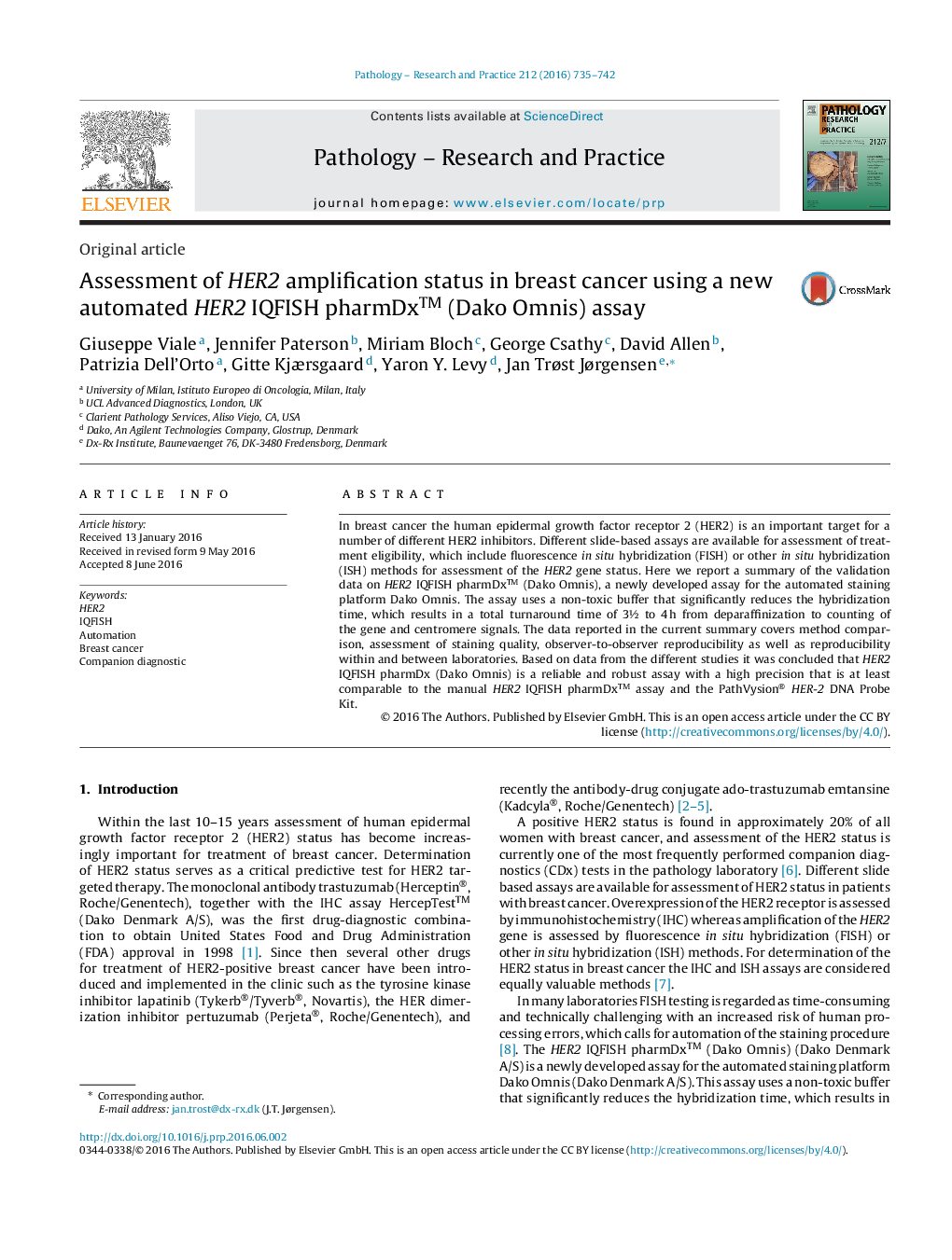 Assessment of HER2 amplification status in breast cancer using a new automated HER2 IQFISH pharmDxâ¢ (Dako Omnis) assay