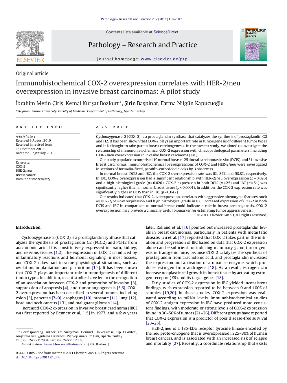 Immunohistochemical COX-2 overexpression correlates with HER-2/neu overexpression in invasive breast carcinomas: A pilot study