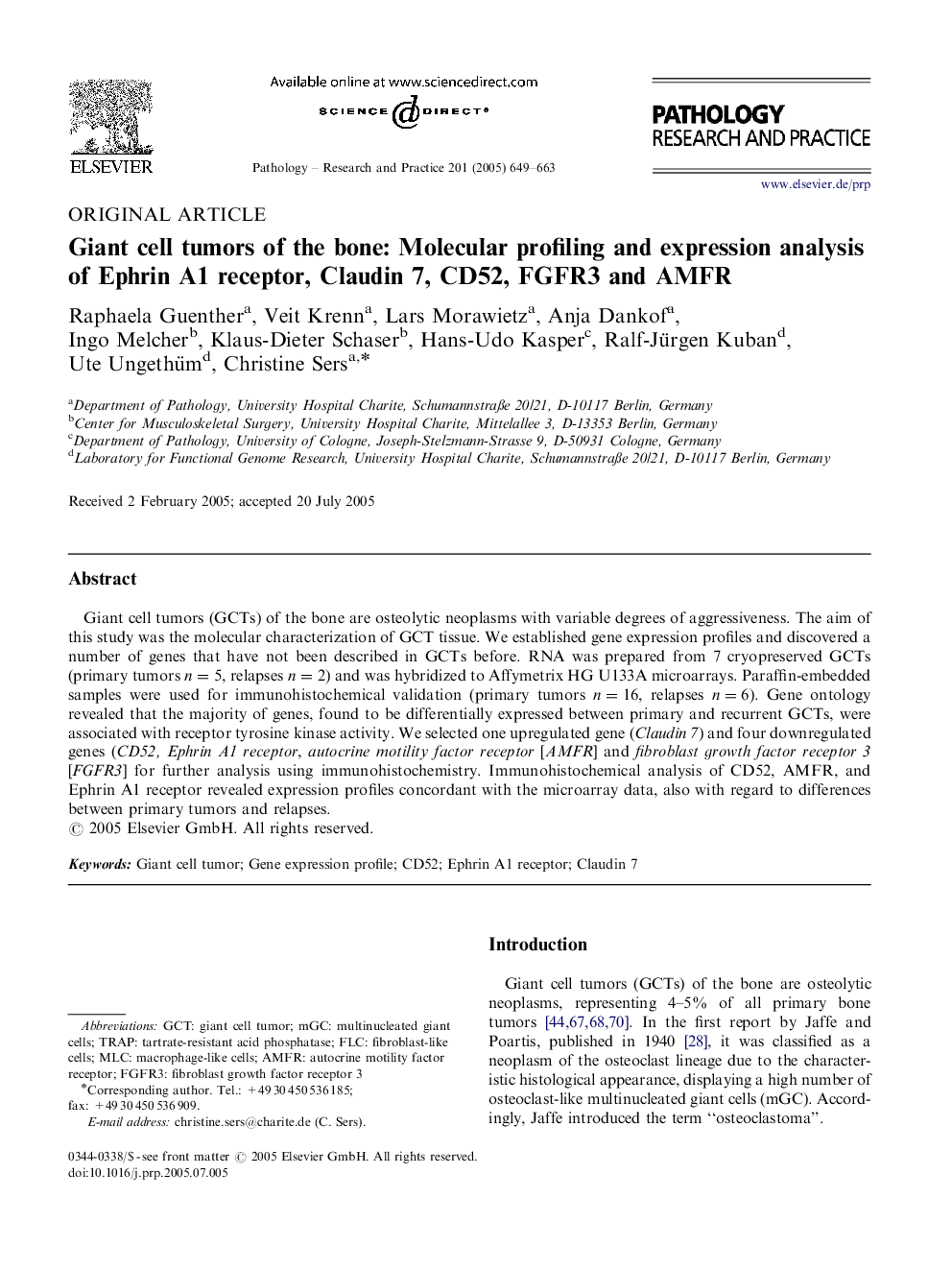 Giant cell tumors of the bone: Molecular profiling and expression analysis of Ephrin A1 receptor, Claudin 7, CD52, FGFR3 and AMFR