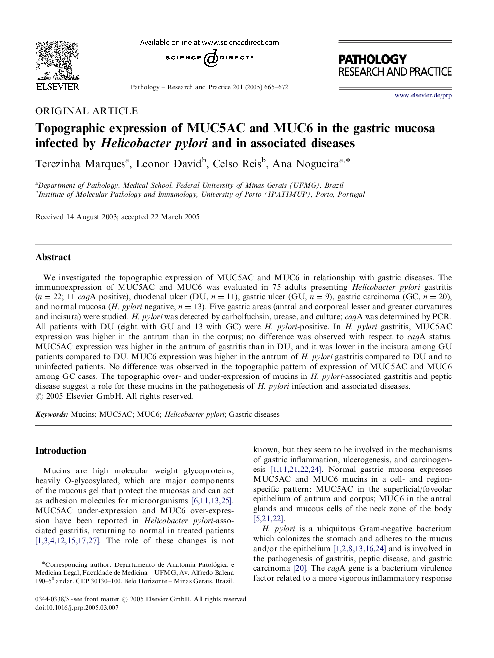 عکس صفحه اول مقاله: Topographic expression of MUC5AC and MUC6 in the gastric mucosa infected by Helicobacter pylori and in associated diseases Topographic expression of MUC5AC and MUC6 in the gastric mucosa infected by Helicobacter pylori and in associated diseases