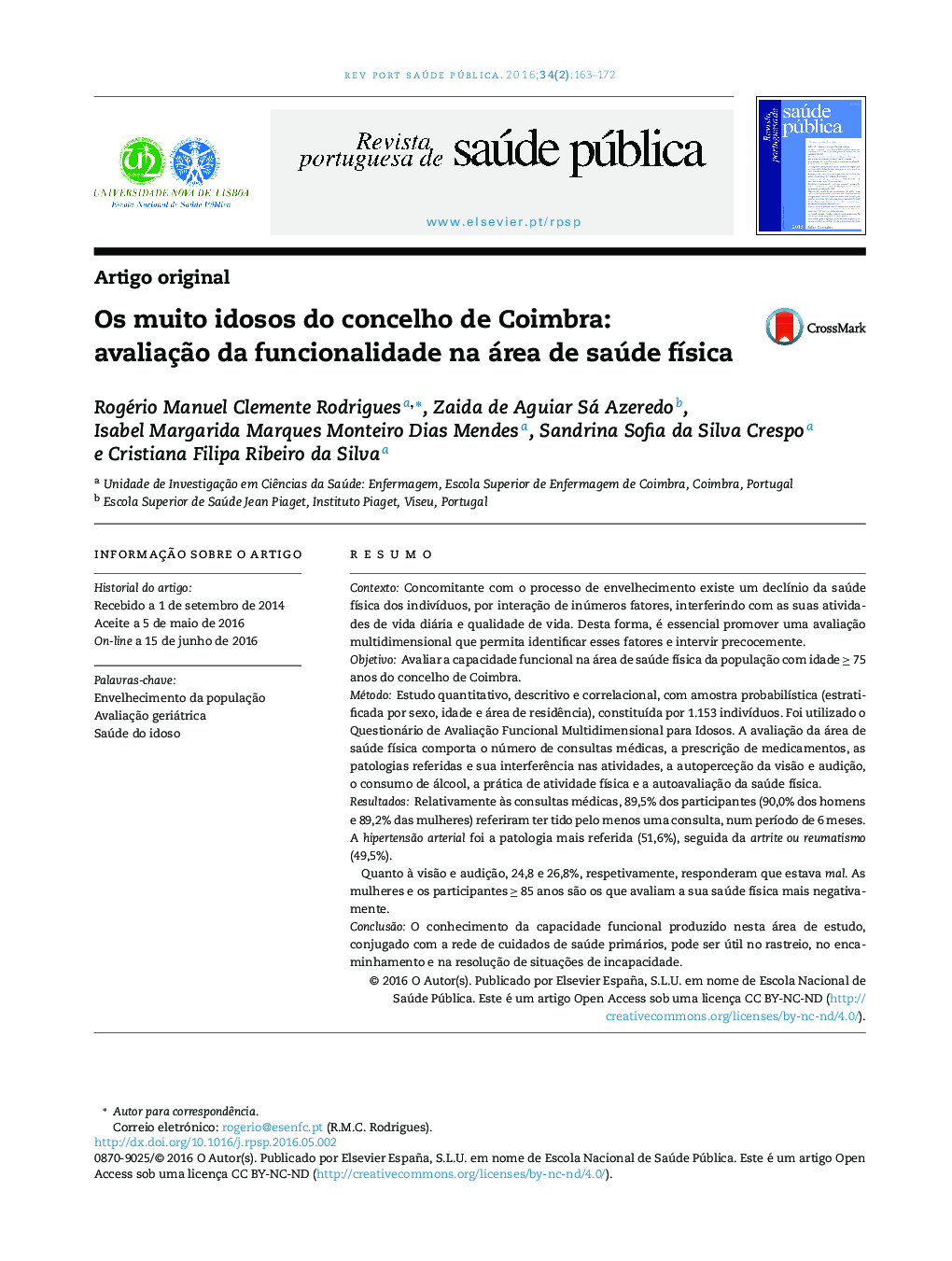 عکس صفحه اول مقاله: Os muito idosos do concelho de Coimbra: avaliação da funcionalidade na área de saúde física Os muito idosos do concelho de Coimbra: avaliação da funcionalidade na área de saúde física