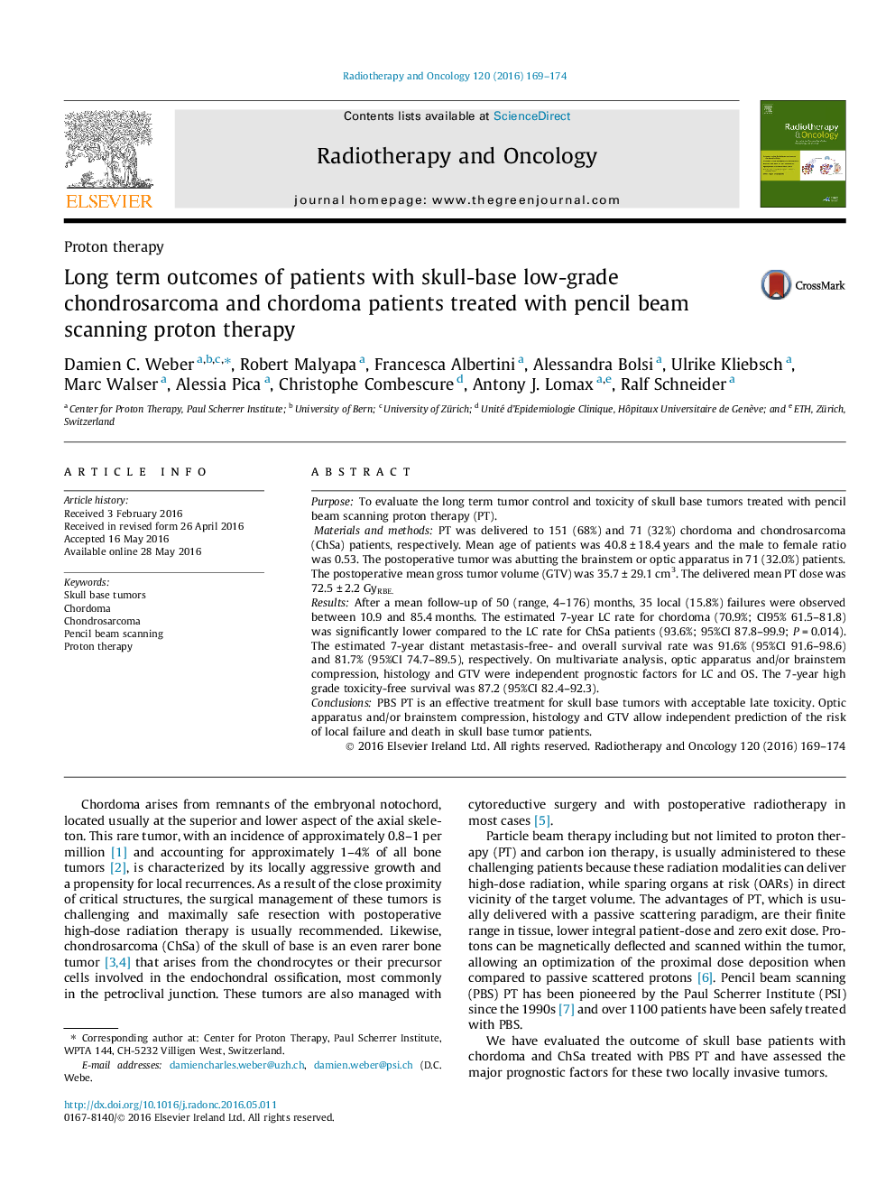 Long term outcomes of patients with skull-base low-grade chondrosarcoma and chordoma patients treated with pencil beam scanning proton therapy