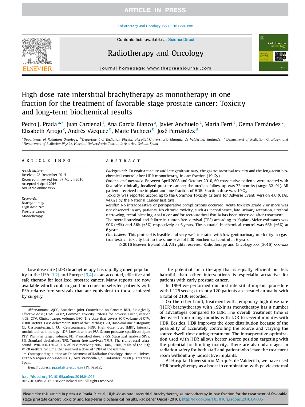 High-dose-rate interstitial brachytherapy as monotherapy in one fraction for the treatment of favorable stage prostate cancer: Toxicity and long-term biochemical results