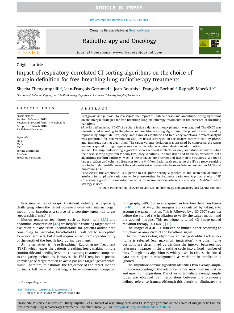 Impact of respiratory-correlated CT sorting algorithms on the choice of margin definition for free-breathing lung radiotherapy treatments