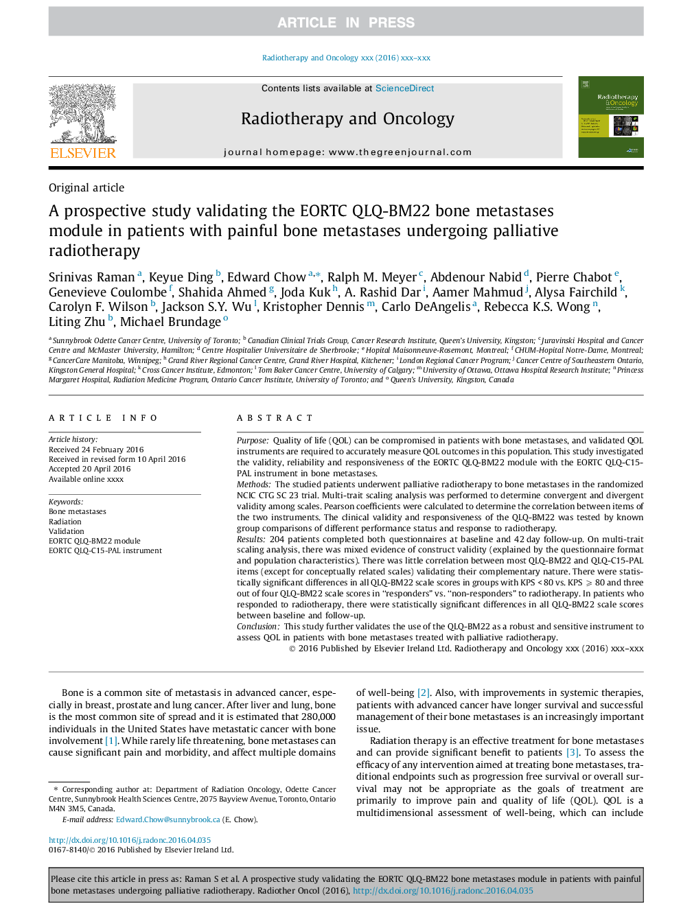 A prospective study validating the EORTC QLQ-BM22 bone metastases module in patients with painful bone metastases undergoing palliative radiotherapy