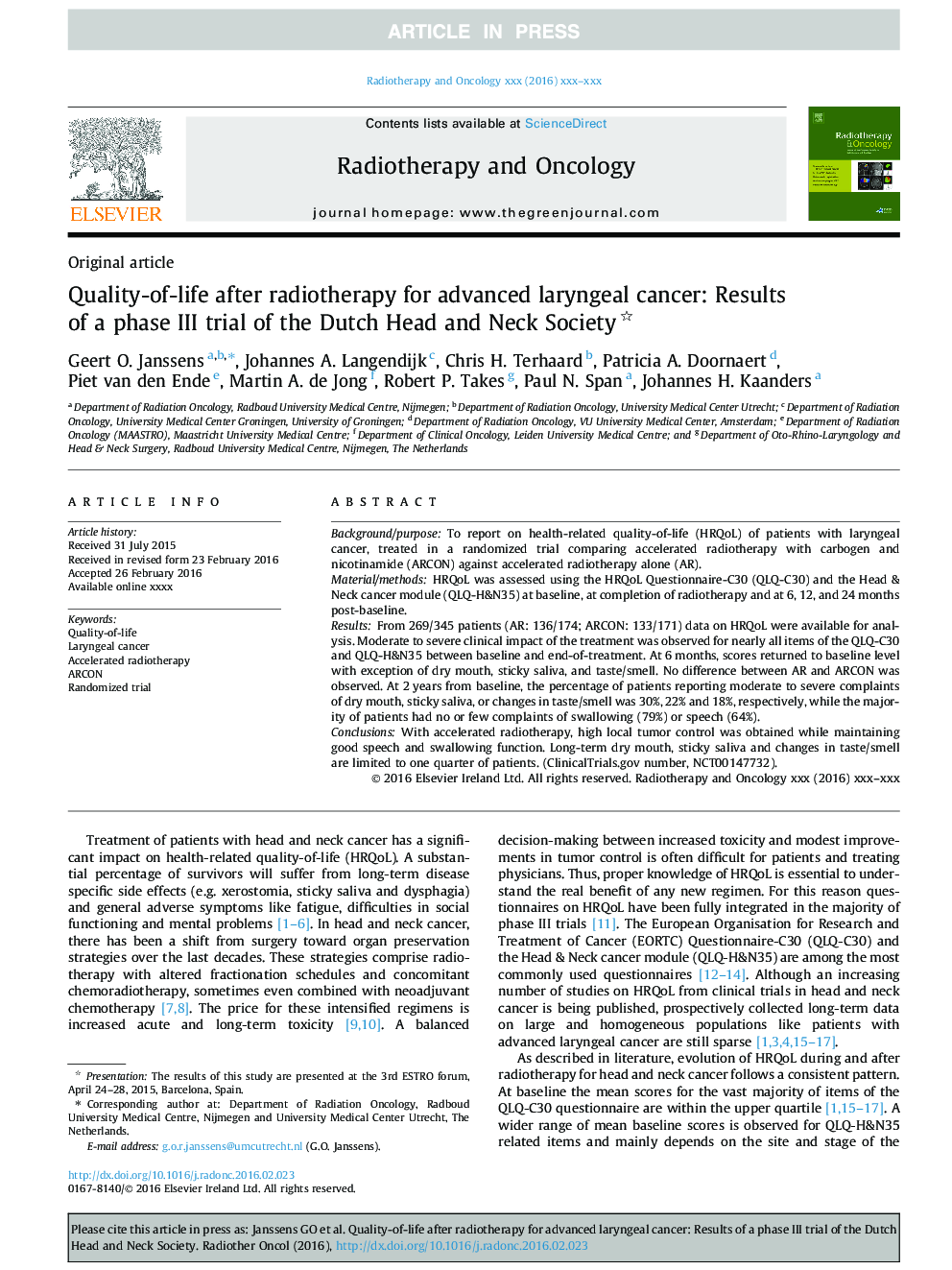 Quality-of-life after radiotherapy for advanced laryngeal cancer: Results of a phase III trial of the Dutch Head and Neck Society