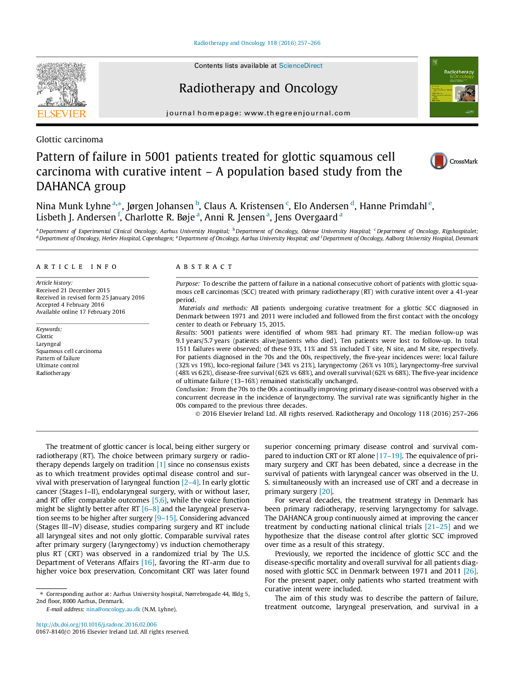 Pattern of failure in 5001 patients treated for glottic squamous cell carcinoma with curative intent - A population based study from the DAHANCA group