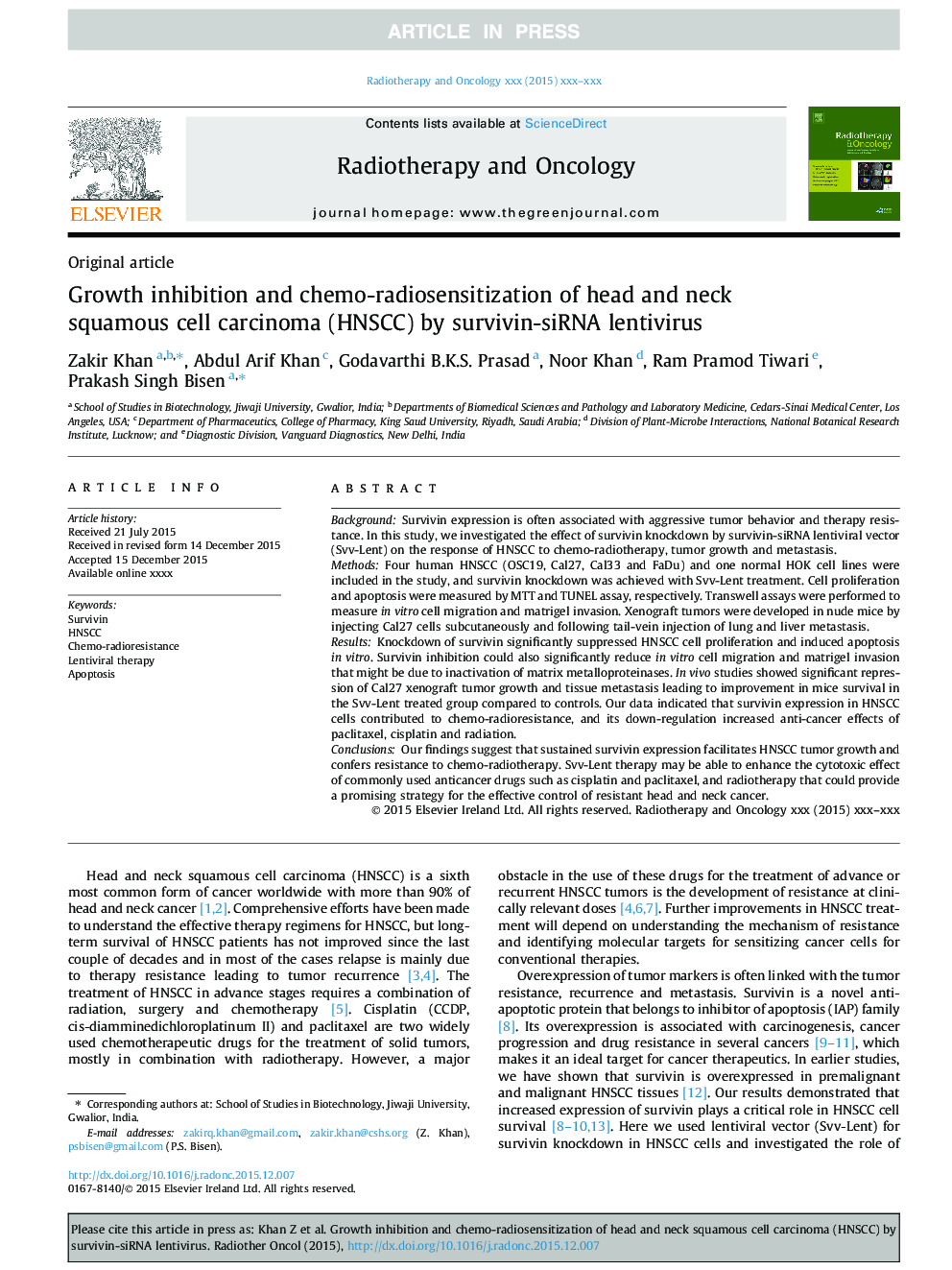 Growth inhibition and chemo-radiosensitization of head and neck squamous cell carcinoma (HNSCC) by survivin-siRNA lentivirus