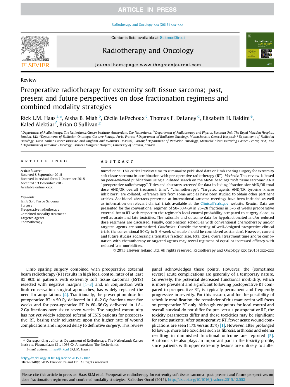 Preoperative radiotherapy for extremity soft tissue sarcoma; past, present and future perspectives on dose fractionation regimens and combined modality strategies