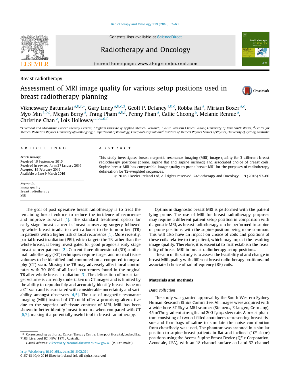 Assessment of MRI image quality for various setup positions used in breast radiotherapy planning