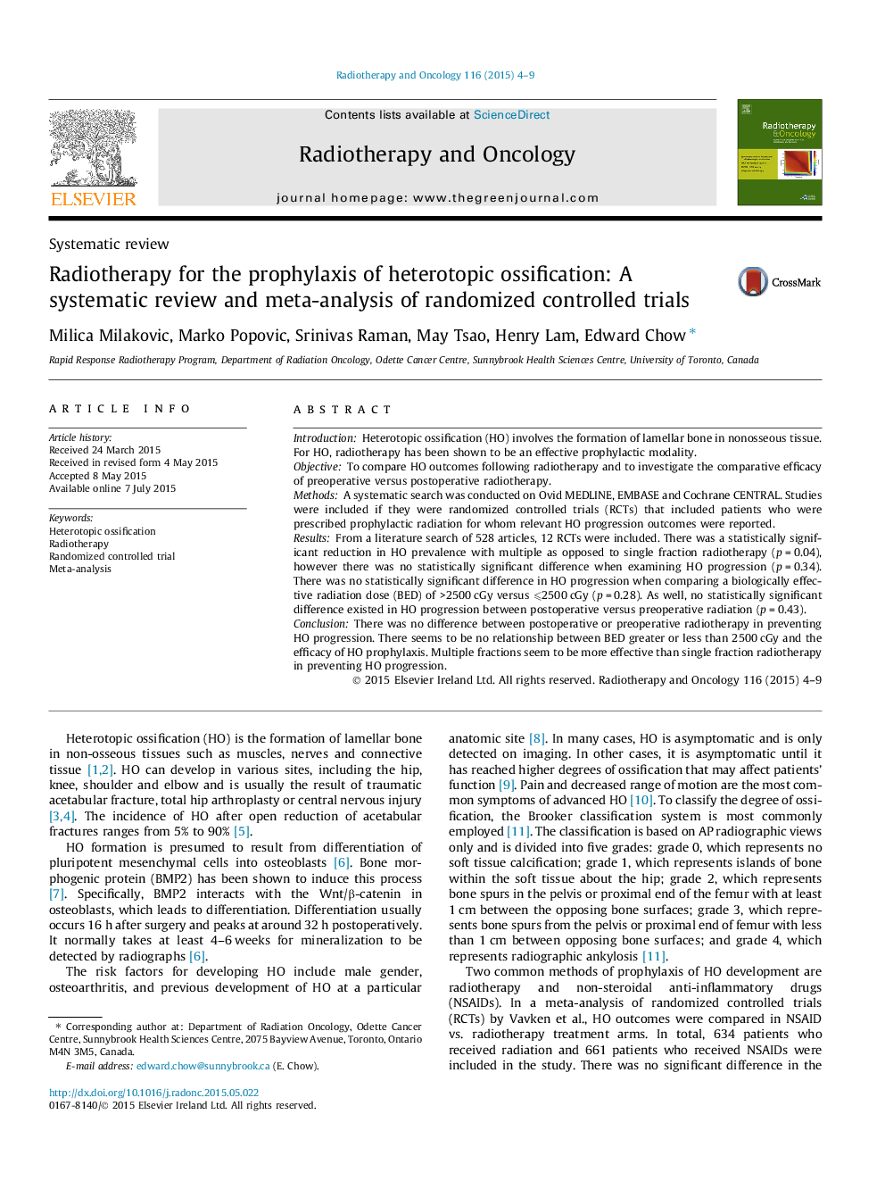 Radiotherapy for the prophylaxis of heterotopic ossification: A systematic review and meta-analysis of randomized controlled trials