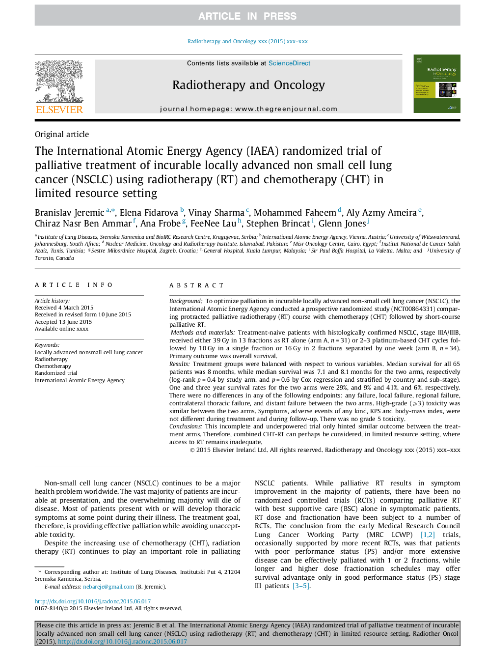 عکس صفحه اول مقاله: The International Atomic Energy Agency (IAEA) randomized trial of palliative treatment of incurable locally advanced non small cell lung cancer (NSCLC) using radiotherapy (RT) and chemotherapy (CHT) in limited resource setting The International Atomic Energy Agency (IAEA) randomized trial of palliative treatment of incurable locally advanced non small cell lung cancer (NSCLC) using radiotherapy (RT) and chemotherapy (CHT) in limited resource setting