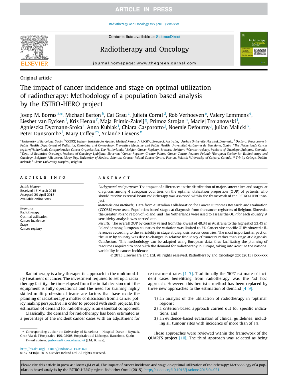 The impact of cancer incidence and stage on optimal utilization of radiotherapy: Methodology of a population based analysis by the ESTRO-HERO project