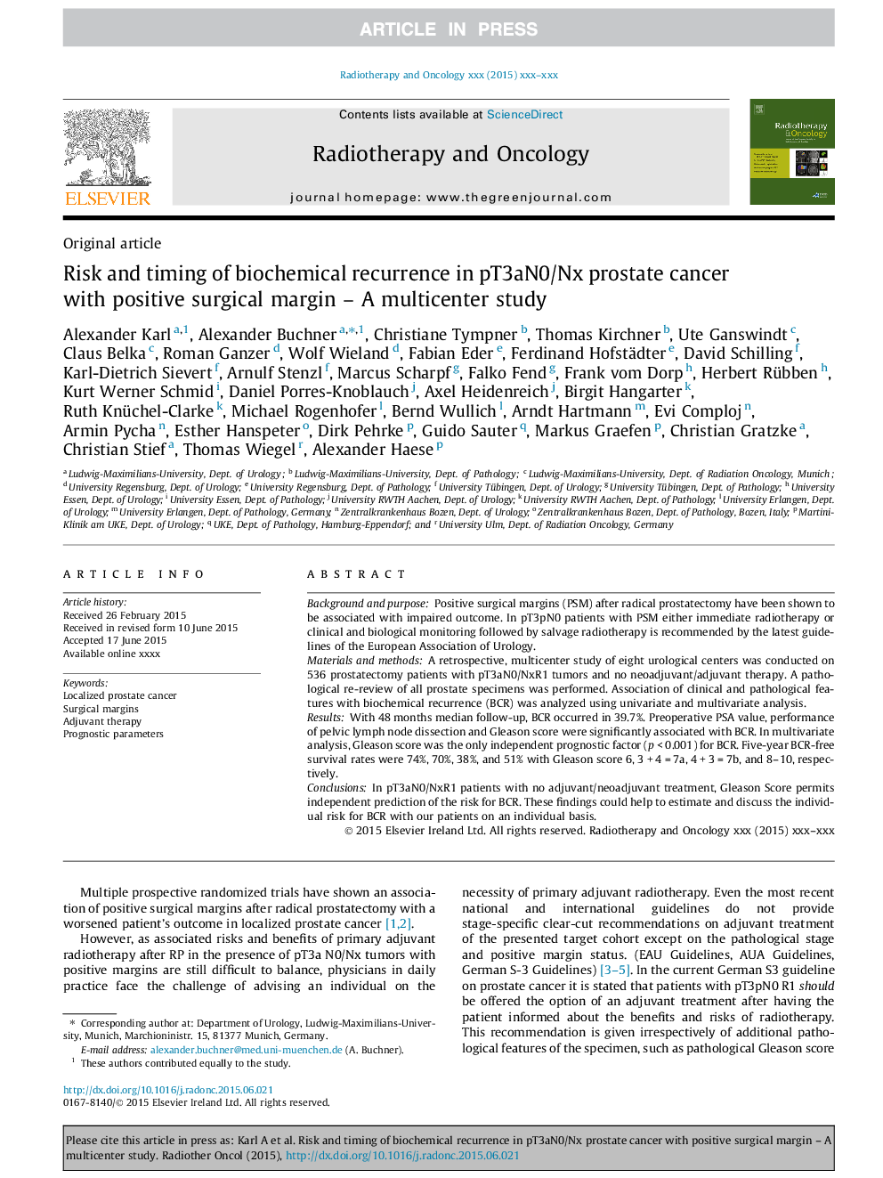 Risk and timing of biochemical recurrence in pT3aN0/Nx prostate cancer with positive surgical margin - A multicenter study