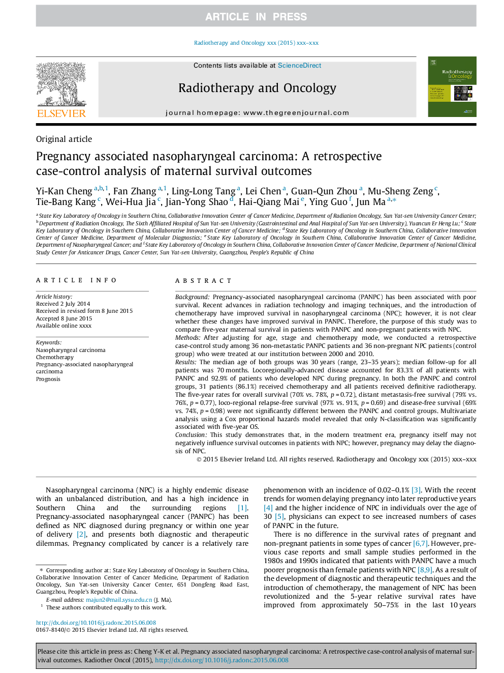 Pregnancy associated nasopharyngeal carcinoma: A retrospective case-control analysis of maternal survival outcomes