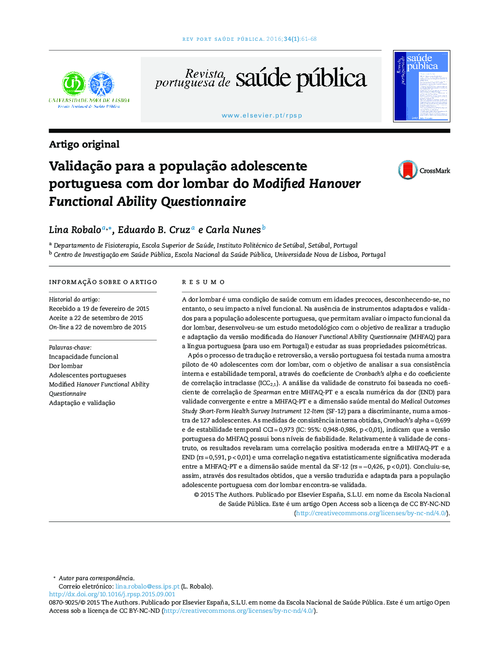 Validação para a população adolescente portuguesa com dor lombar do Modified Hanover Functional Ability Questionnaire