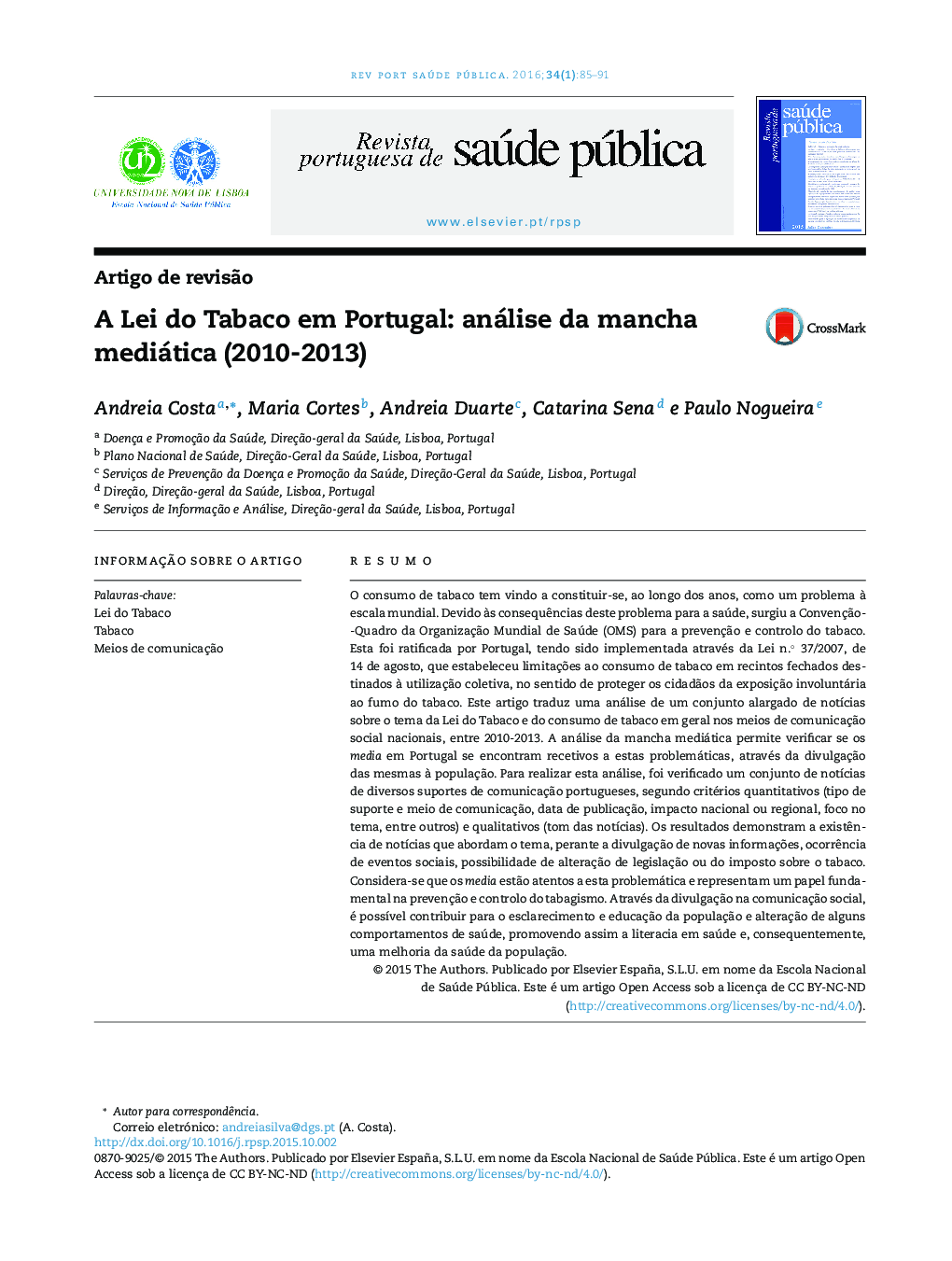 عکس صفحه اول مقاله: A Lei do Tabaco em Portugal: análise da mancha mediática (2010‐2013) A Lei do Tabaco em Portugal: análise da mancha mediática (2010‐2013)