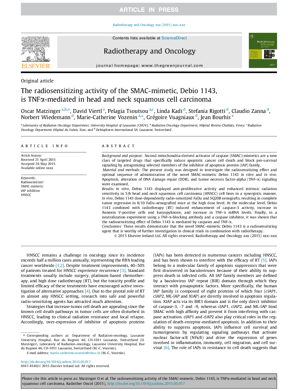 The radiosensitizing activity of the SMAC-mimetic, Debio 1143, is TNFÎ±-mediated in head and neck squamous cell carcinoma