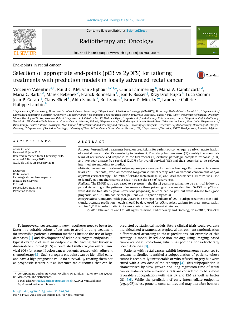 Selection of appropriate end-points (pCR vs 2yDFS) for tailoring treatments with prediction models in locally advanced rectal cancer