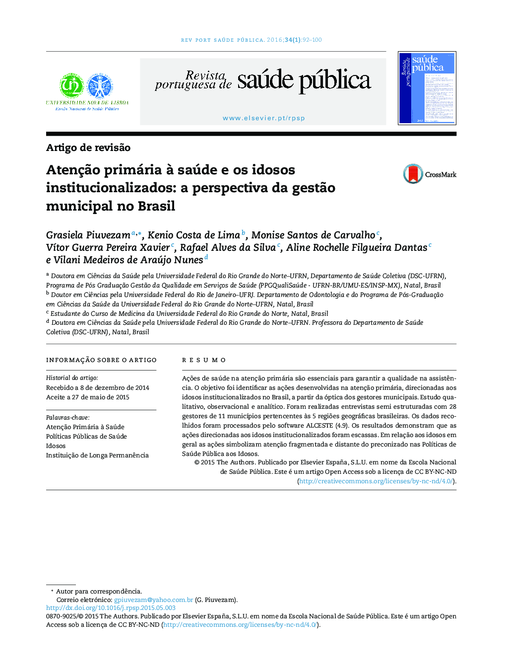 Atenção primária à saúde e os idosos institucionalizados: a perspectiva da gestão municipal no Brasil