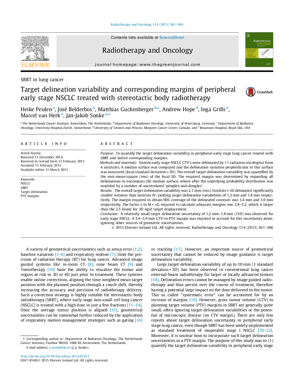 Target delineation variability and corresponding margins of peripheral early stage NSCLC treated with stereotactic body radiotherapy