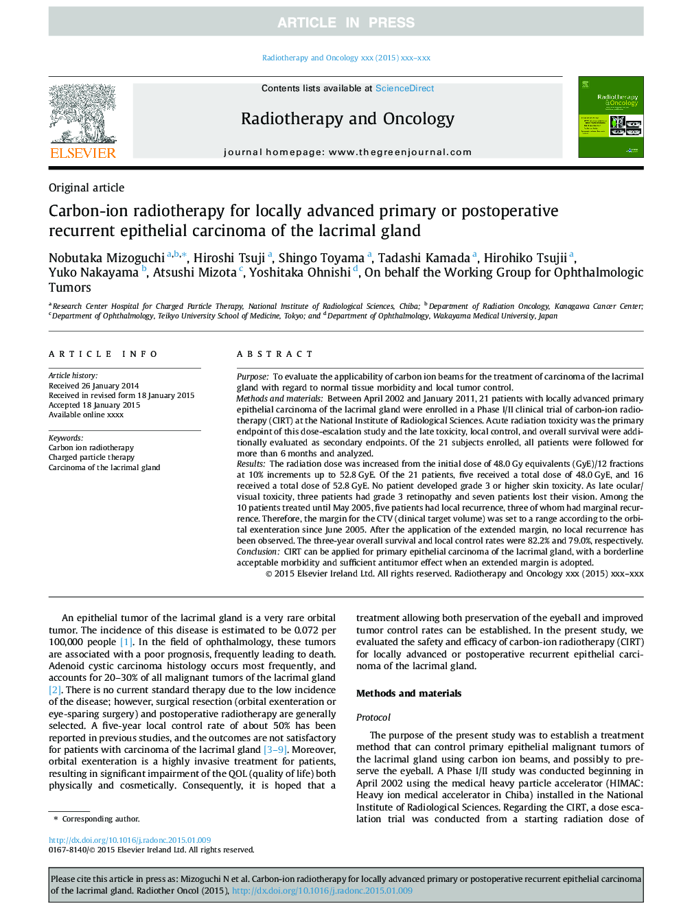 Carbon-ion radiotherapy for locally advanced primary or postoperative recurrent epithelial carcinoma of the lacrimal gland