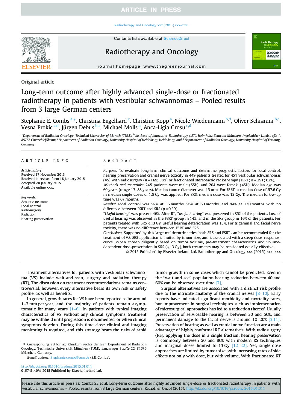 Long-term outcome after highly advanced single-dose or fractionated radiotherapy in patients with vestibular schwannomas - Pooled results from 3 large German centers