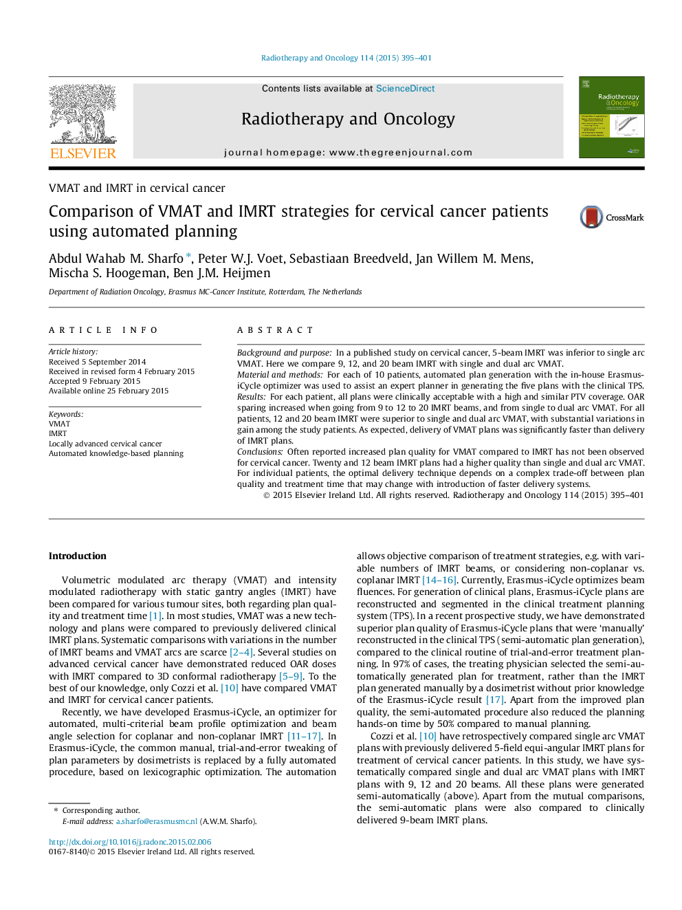 Comparison of VMAT and IMRT strategies for cervical cancer patients using automated planning