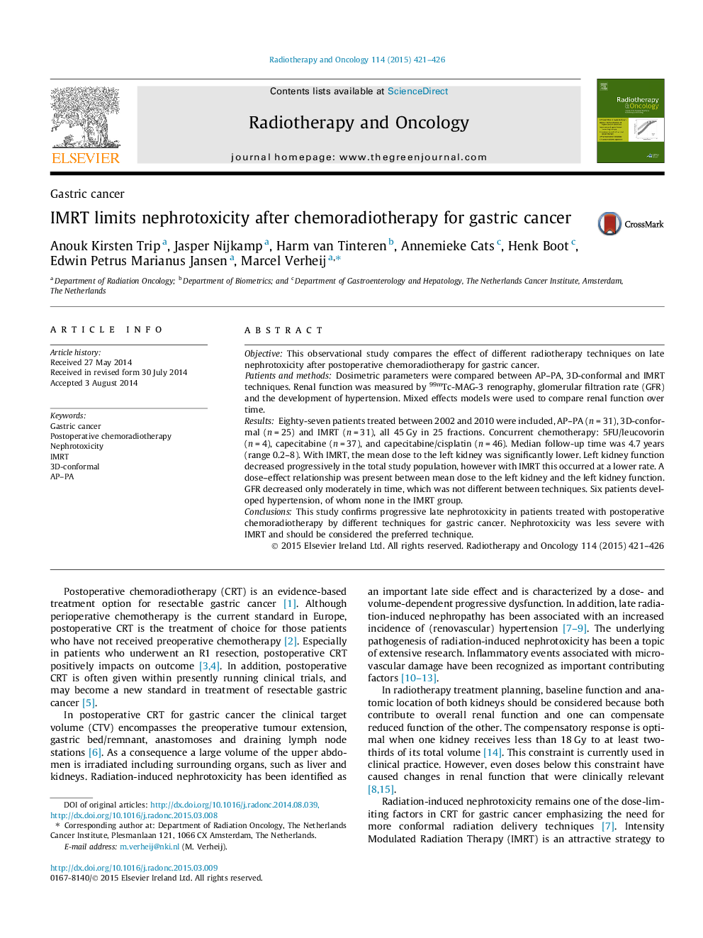 IMRT limits nephrotoxicity after chemoradiotherapy for gastric cancer