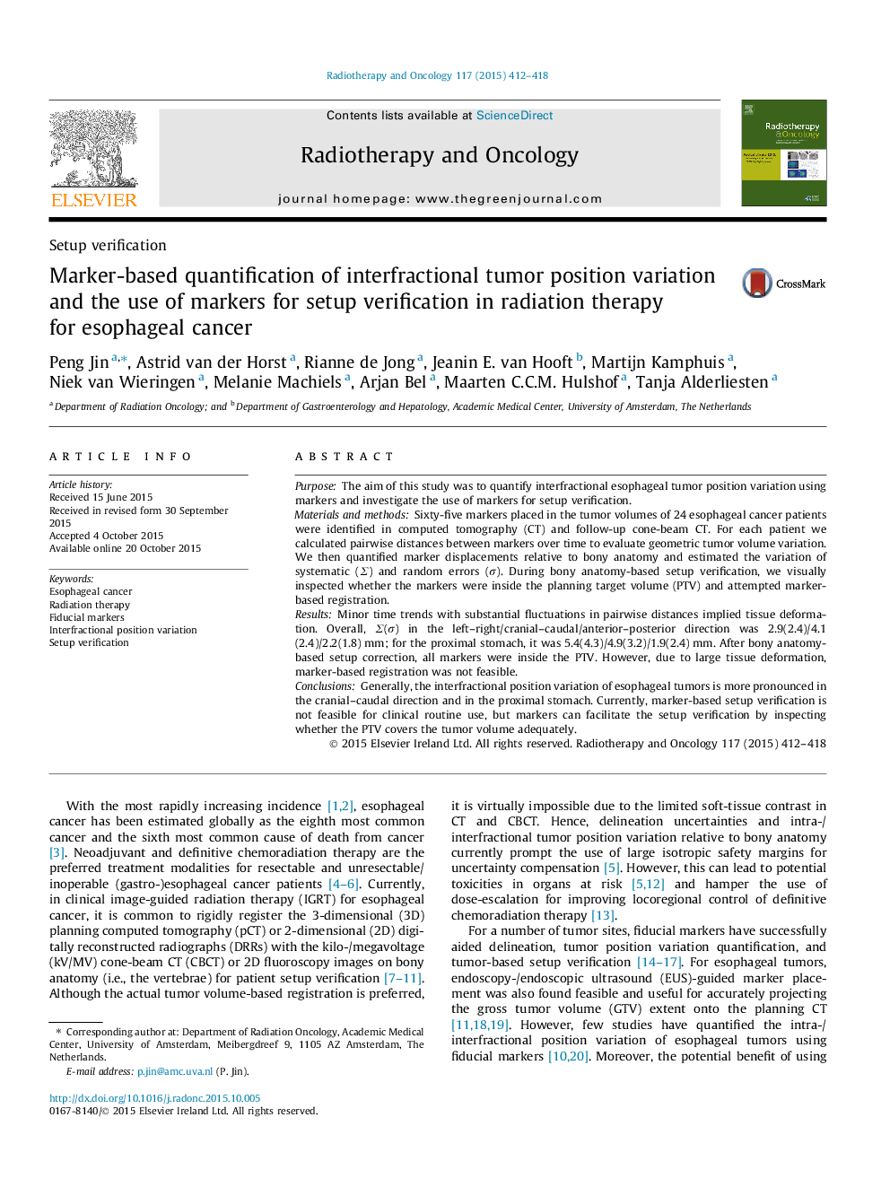 Marker-based quantification of interfractional tumor position variation and the use of markers for setup verification in radiation therapy for esophageal cancer