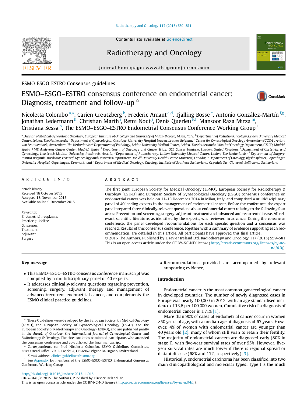 ESMO-ESGO-ESTRO consensus conference on endometrial cancer: Diagnosis, treatment and follow-up