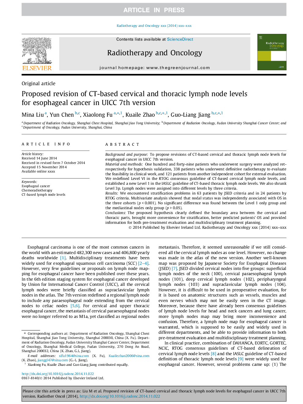 Proposed revision of CT-based cervical and thoracic lymph node levels for esophageal cancer in UICC 7th version