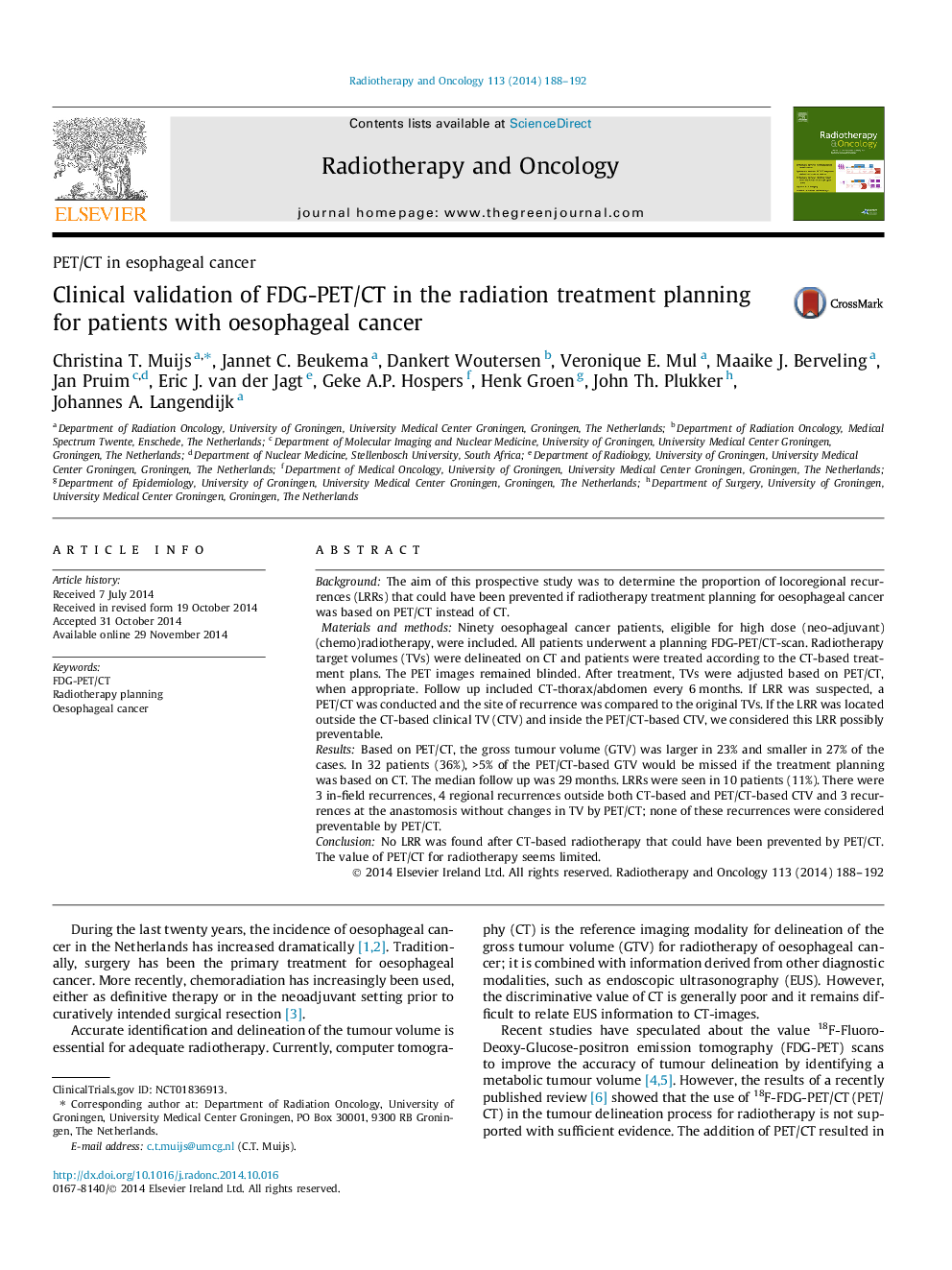 Clinical validation of FDG-PET/CT in the radiation treatment planning for patients with oesophageal cancer