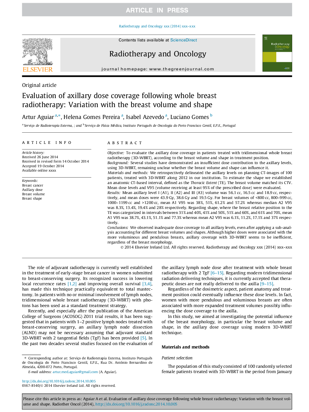 Evaluation of axillary dose coverage following whole breast radiotherapy: Variation with the breast volume and shape