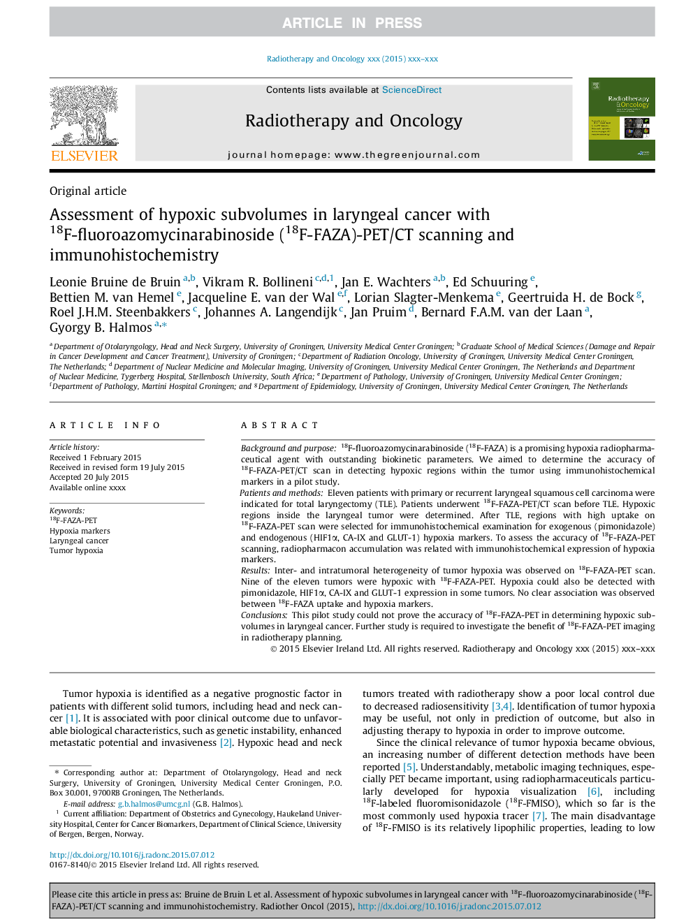 Assessment of hypoxic subvolumes in laryngeal cancer with 18F-fluoroazomycinarabinoside (18F-FAZA)-PET/CT scanning and immunohistochemistry