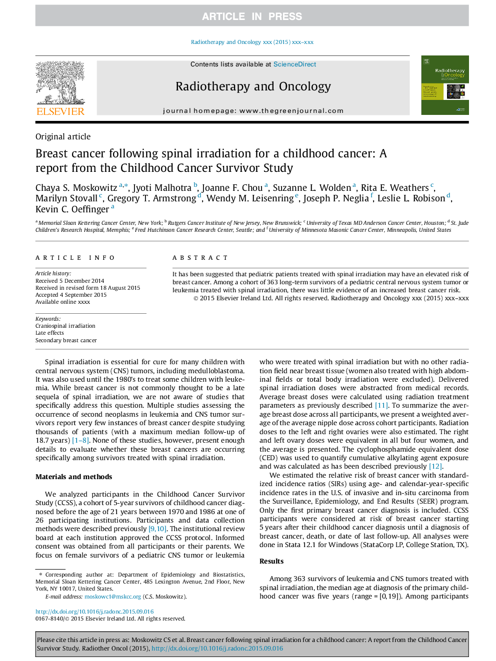 Breast cancer following spinal irradiation for a childhood cancer: A report from the Childhood Cancer Survivor Study