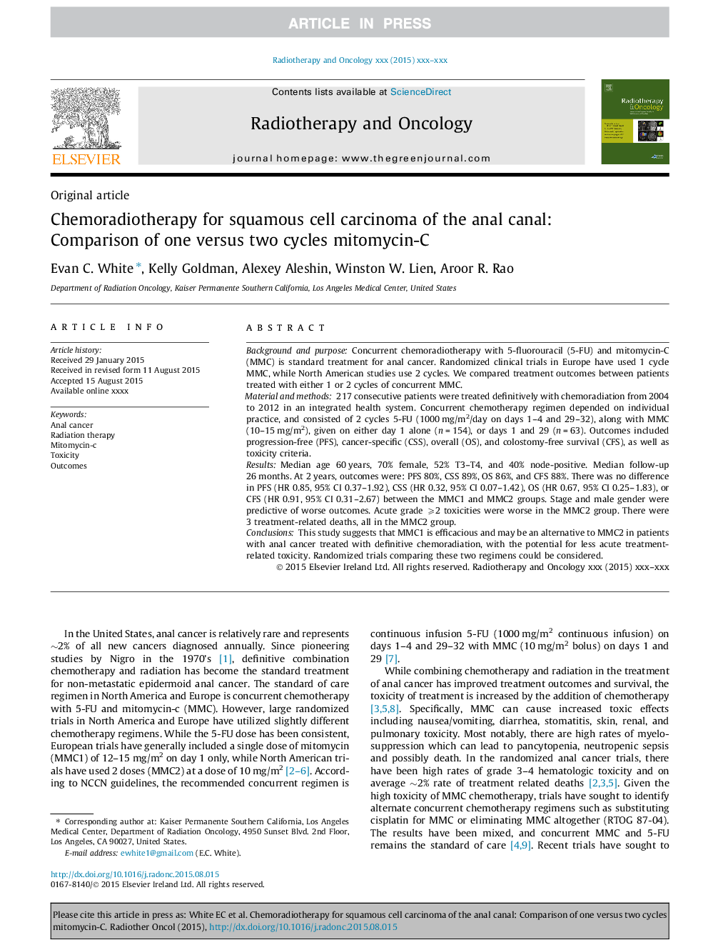 Chemoradiotherapy for squamous cell carcinoma of the anal canal: Comparison of one versus two cycles mitomycin-C