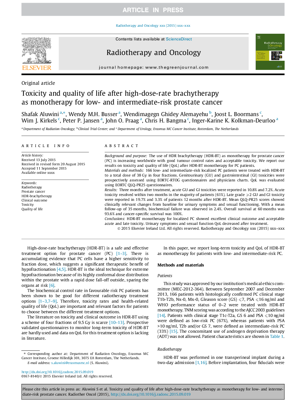 Toxicity and quality of life after high-dose-rate brachytherapy as monotherapy for low- and intermediate-risk prostate cancer