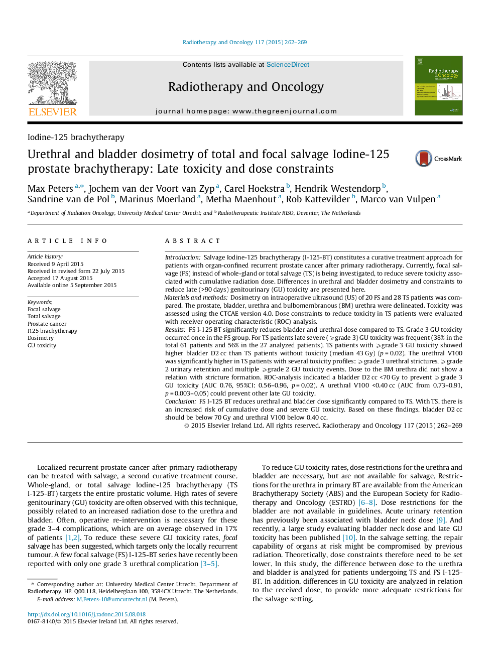 Urethral and bladder dosimetry of total and focal salvage Iodine-125 prostate brachytherapy: Late toxicity and dose constraints