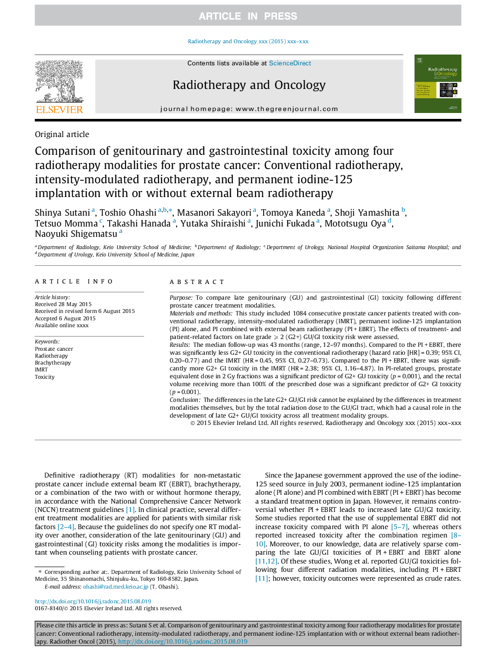 Comparison of genitourinary and gastrointestinal toxicity among four radiotherapy modalities for prostate cancer: Conventional radiotherapy, intensity-modulated radiotherapy, and permanent iodine-125 implantation with or without external beam radiotherapy