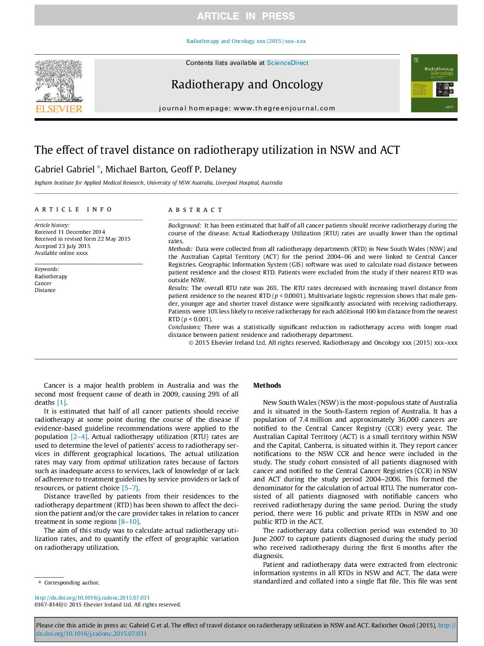 The effect of travel distance on radiotherapy utilization in NSW and ACT