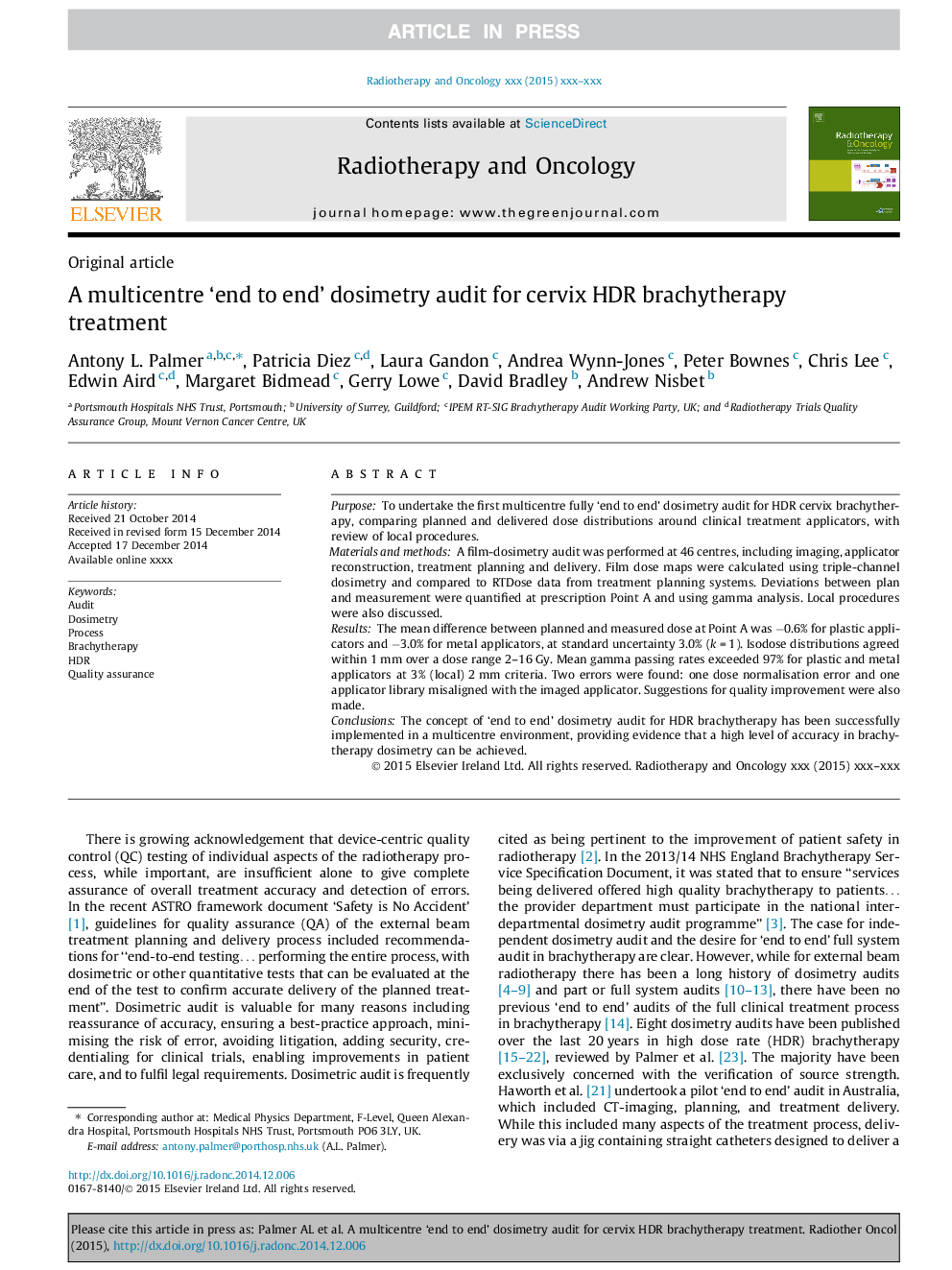 A multicentre 'end to end' dosimetry audit for cervix HDR brachytherapy treatment