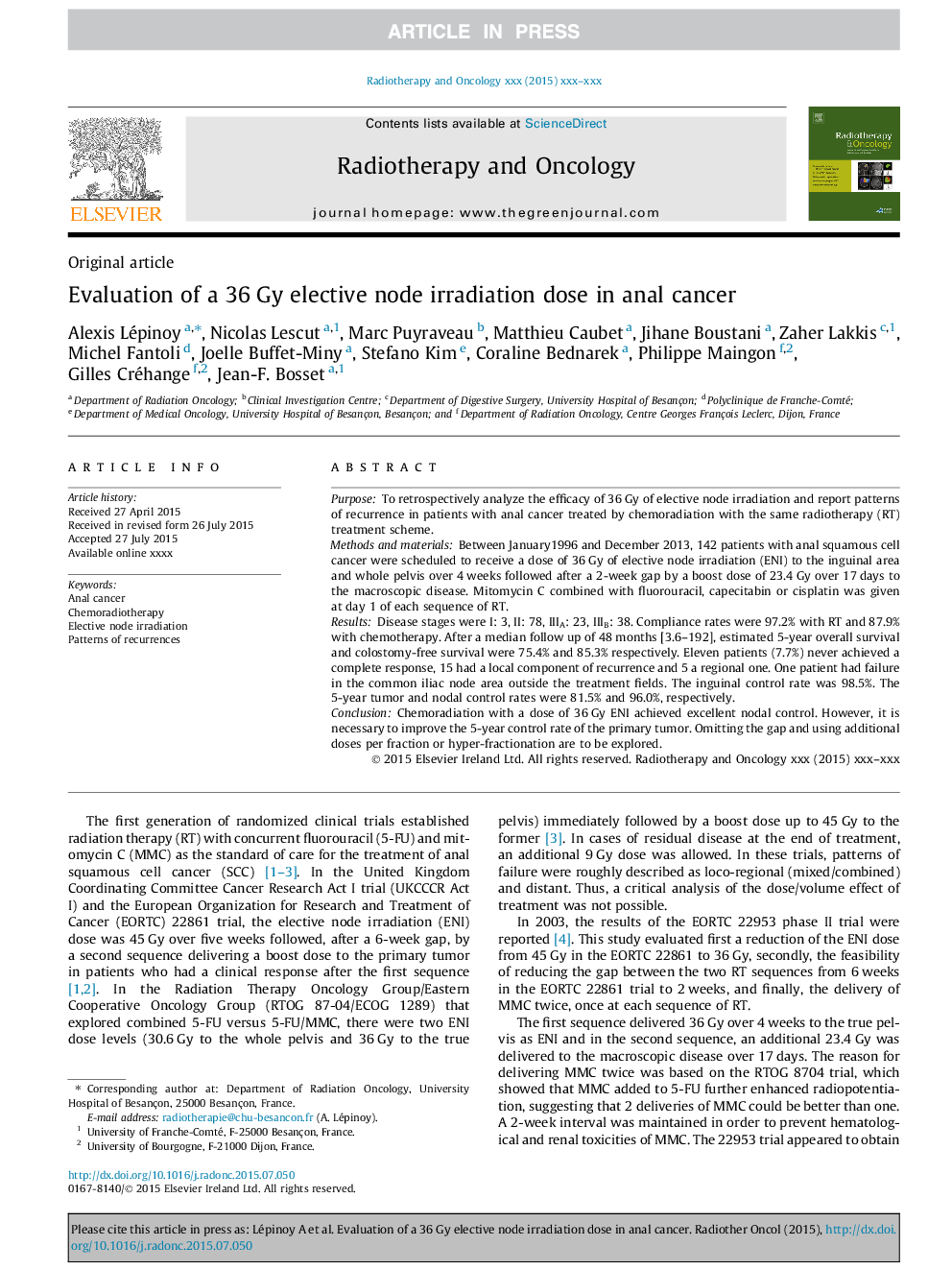 Evaluation of a 36Â Gy elective node irradiation dose in anal cancer