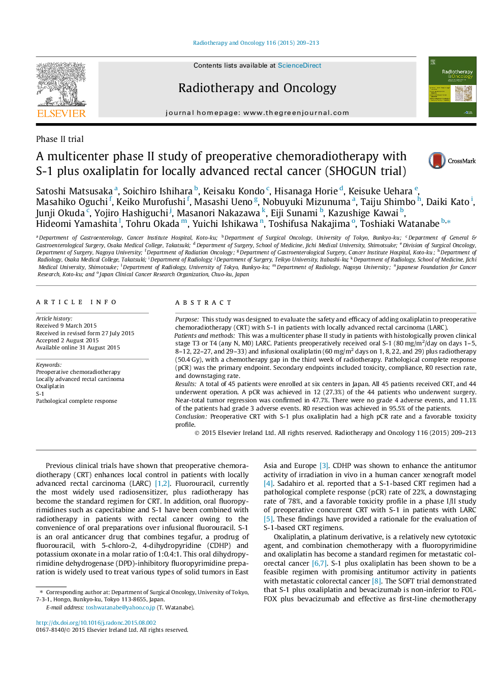 A multicenter phase II study of preoperative chemoradiotherapy with S-1 plus oxaliplatin for locally advanced rectal cancer (SHOGUN trial)