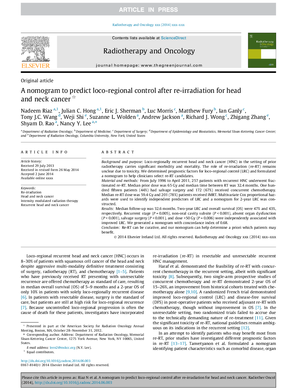 A nomogram to predict loco-regional control after re-irradiation for head and neck cancer