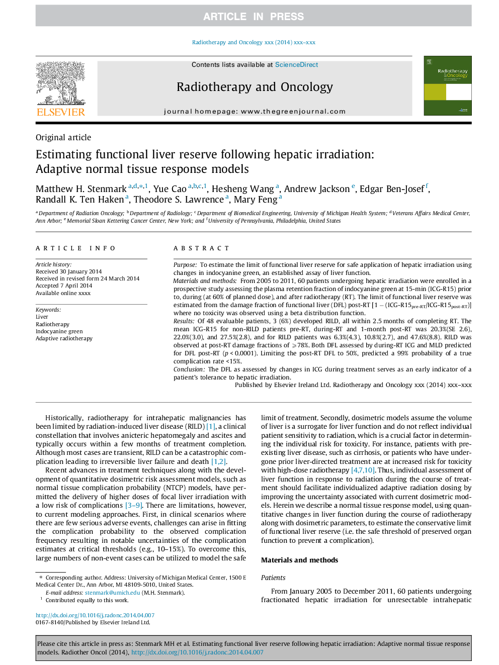 Estimating functional liver reserve following hepatic irradiation: Adaptive normal tissue response models