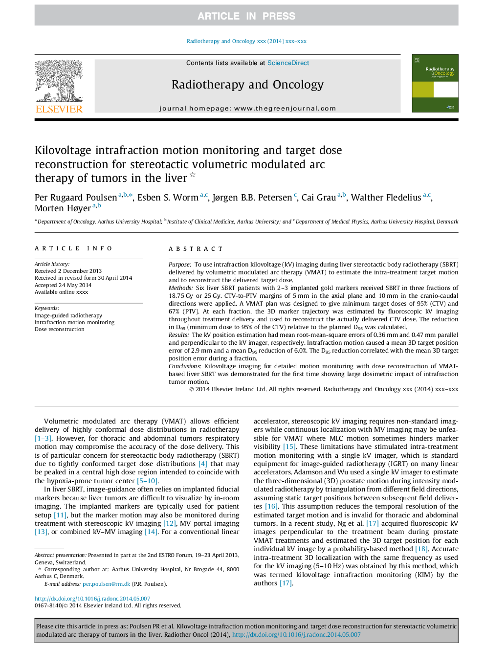 Kilovoltage intrafraction motion monitoring and target dose reconstruction for stereotactic volumetric modulated arc therapy of tumors in the liver