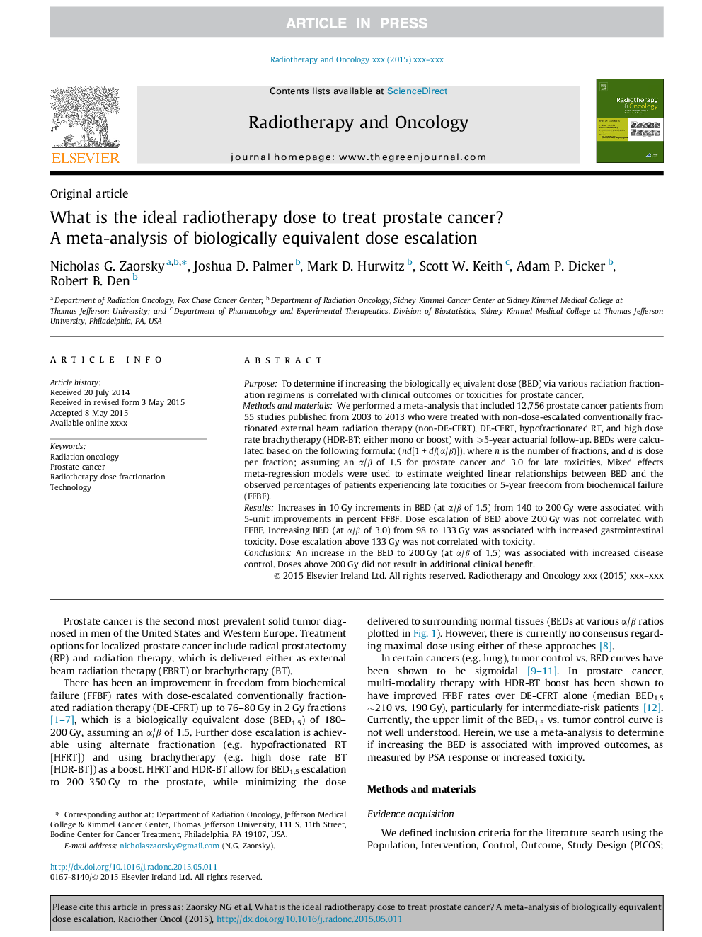 What is the ideal radiotherapy dose to treat prostate cancer? A meta-analysis of biologically equivalent dose escalation